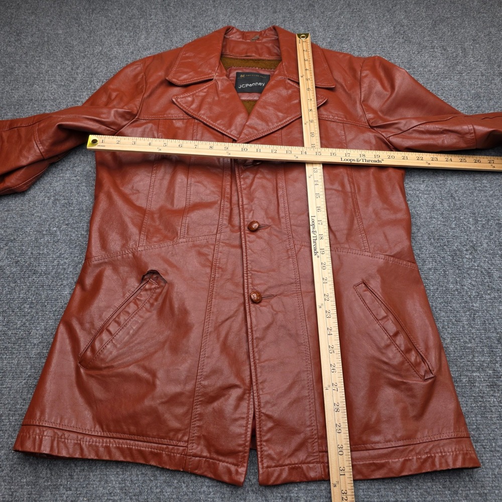 Vintage JCPenney Mens 38 Leather Car Coat Cognac Brown 70s Zip Out Liner Jacket - Picture 4 of 9